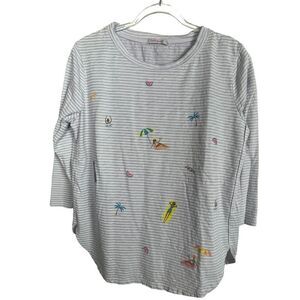 Fresh Produce 3/4 Sleeve Tunic Gray White‎ Striped Beach Women's size M